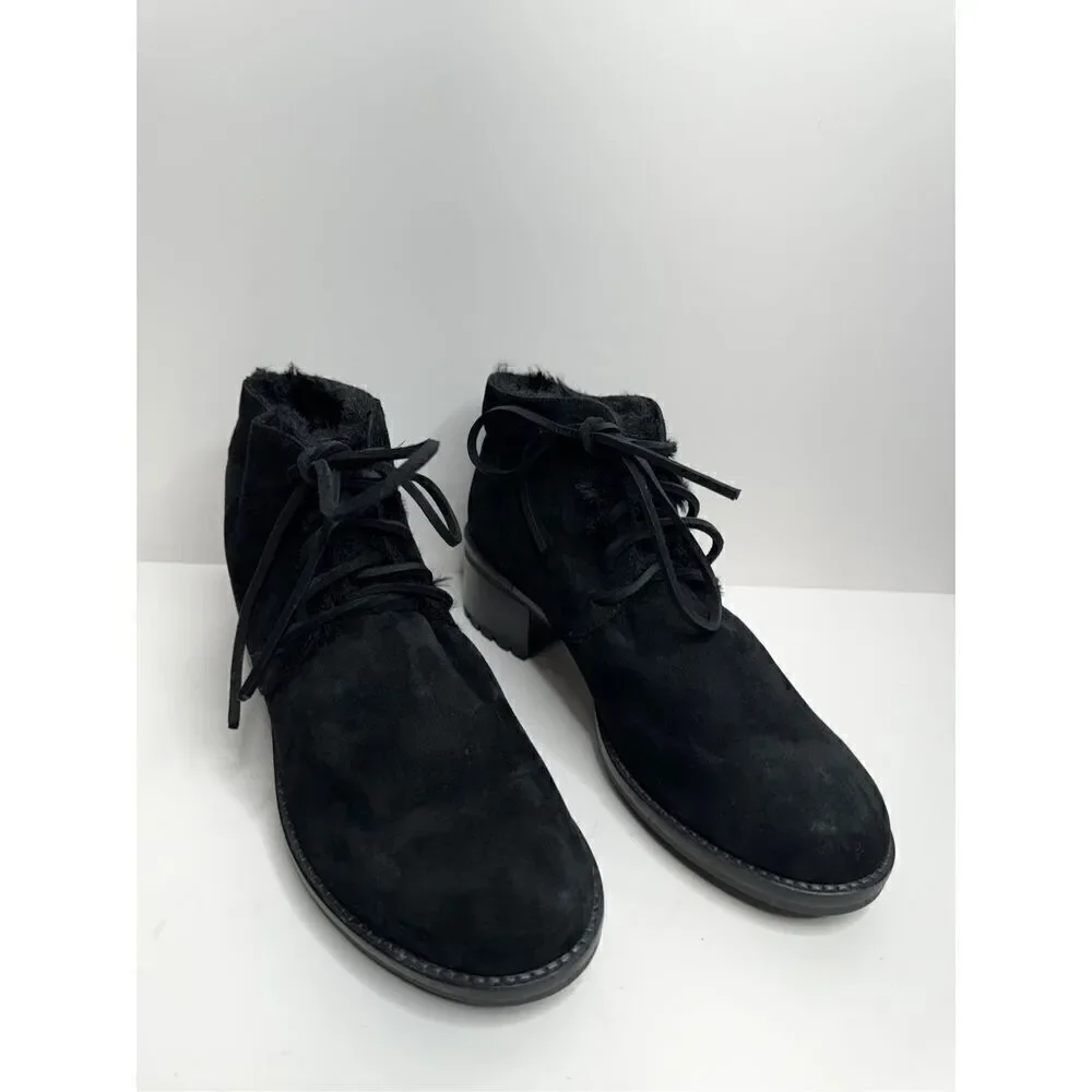 Lavorazione Ankle Booties Womens US 7 Black Leather Shearling Lace Up Block Heel